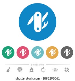 Swiss army knife flat white icons on round color backgrounds. 6 bonus icons included.