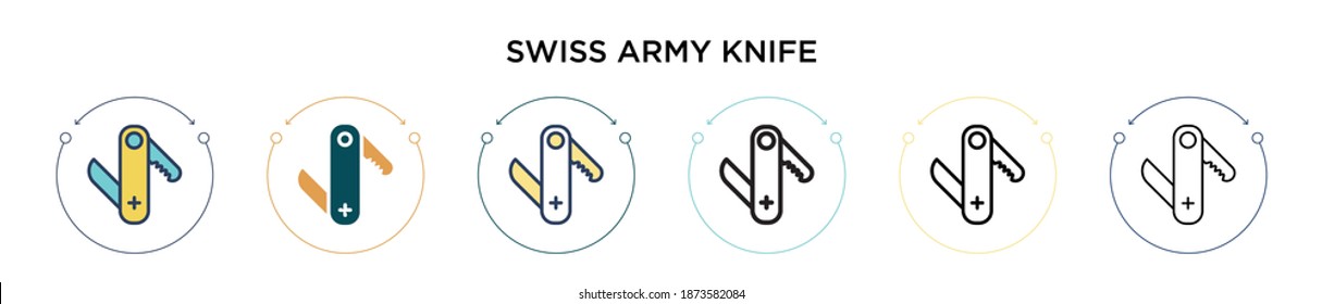 Swiss army knife icon in filled, thin line, outline and stroke style. Vector illustration of two colored and black swiss army knife vector icons designs can be used for mobile, ui, web