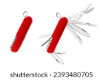Swiss Army knife or pocket knife isolated on white background. This cutting tool is using the large blade for cutting food, slicing paper, carving wood, or gutting a fish. realistic 3d vector design