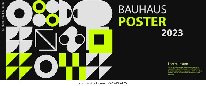 Swiss Art inspired vector graphics card made with abstract geometric shapes and texts, useful for poster art and digital prints.