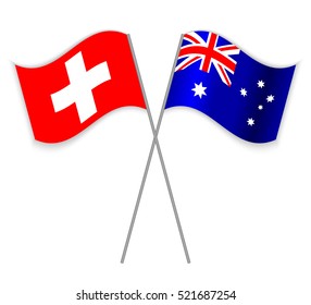 Swiss and Australian crossed flags. Switzerland combined with Australia isolated on white. Language learning, international business or travel concept.