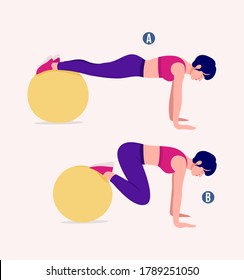 Swiss ball/ Fitness Ball workout set. Young woman doing Stability ball exercises. Vector illustration.
