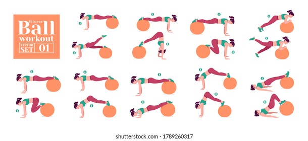 Swiss Ball/ Fitness Ball Workout Set. Young Woman Doing Stability Ball Exercises. Vector Illustration