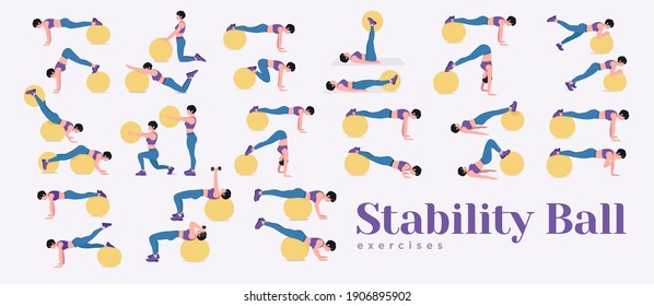 Swiss ball or Fitness Ball workout set. Young woman doing Stability ball exercises. Vector illustration.	