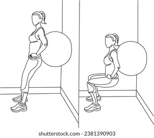 Swiss Ball Squats exercise Line Drawing isolated on copy space white background, Wall Squat With Stability Ball exercise editable vector illustration, Continuous one line drawing, work out clip art