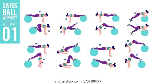 Swiss Ball Workout Set. Young Woman Doing Stability Ball Exercises. Vector Illustration.