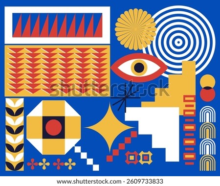 Swiss bauhaus blue background pattern retro illustration vector element, colorful, playfull, graphic event identity print art