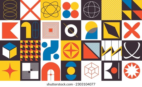 Swiss Bauhaus y2k Brutalist style geometric shapes pattern Background. Minimal modern poster with primitive figures and lines. Colored vector illustration