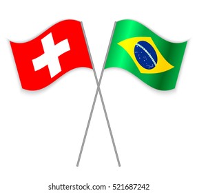 Swiss and Brazilian crossed flags. Switzerland combined with Brazil isolated on white. Language learning, international business or travel concept.