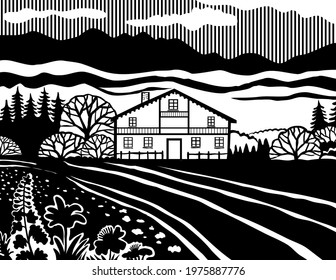 Swiss Chalet Style House In The Meadows Of Switzerland In Black And White Retro Stencil Style