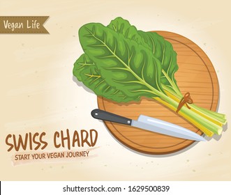 Swiss Chard green leafy vegetable  vector illustration with a knife on brown background