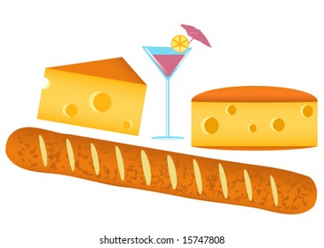 Swiss cheese, bocal of wine and french baguette vector illustration