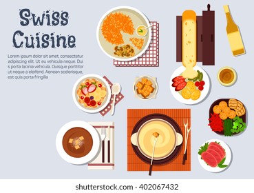 Swiss cheese and chocolate fondue, served with croutons, fresh vegetables, melted cheese raclette with potatoes, sausages, potato fritter rosti, lamb, bircher muesli with fresh fruits, wine bottle