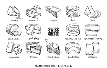 Swiss cheese doodle set with names. Hand drawn sketch of traditional product. Outline illustration for menu and recipes.