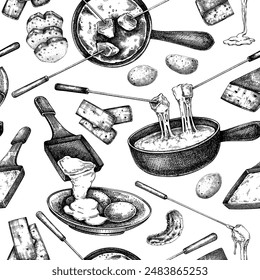 Swiss cheese fondue background. Melted cheese sketch. Hand-drawn food illustrations. Dairy products seamless pattern. Menu design. NOT AI generated