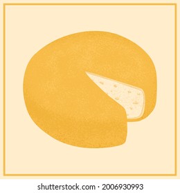 Rueda redonda de queso suizo con pieza cortada vector ilustración plana. Cheddar o Maasdam fresca y sabrosa comida. Delicioso producto de queso para restaurante o tienda de artículos diarios.