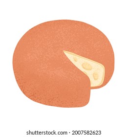 Swiss cheese round wheel with cut piece vector flat illustration. Gouda or Maasdam fresh and tasty food. Delicious cheese product for restaurant or dairy shop.