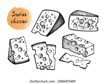 Swiss cheese. Slices and blocks. Ink sketch isolated on white background. Hand drawn vector illustration. Vintage style stroke drawing.