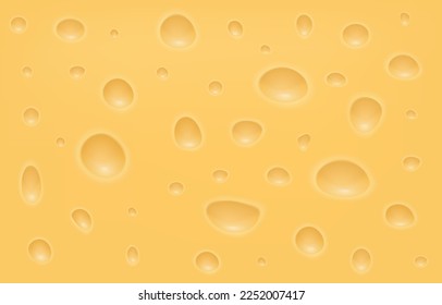 Swiss cheese texture, emmental or cheddar yellow background with air bubbles. Appetising switzerland milk, macro food wallpaper. Snack wrapping backdrop. Vector neoteric realistic illustration