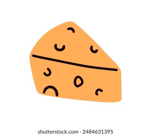 Swiss cheese, triangle piece. Emmental bar with holes, eyes. Holland snack icon. Cheesy appetizer, cut block. Dairy gourmet food product. Flat vector illustration isolated on white background