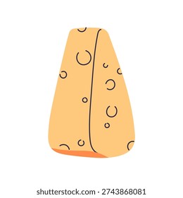 Swiss cheese, triangle shape, cut wedge piece. Emmental bar, chunk with holes, eyes. Holland snack. Chees block. Dairy food product. Flat vector illustration isolated on white background