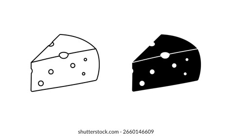 Ilustração de vetor de queijo suíço com uma fatia em dois estilos, uma silhueta preta sólida e um contorno preto e branco limpo.