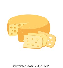 Swiss cheese wheel and slices. Cheese icon. Cheese and pieces of cheese. Illustration