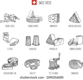 Swiss cheeses Sketchy swiss cheeses. Cheese hand-drawn vector illustrations set. 