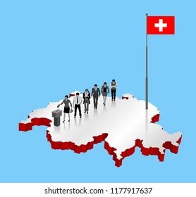 Swiss citizens voting for Switzerland referendum over an 3D map with Flagpole. All the objects, shadows and background are in different layers. 