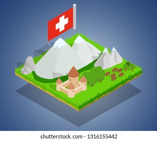 Swiss concept banner. Isometric banner of swiss vector concept for web, giftcard and postcard