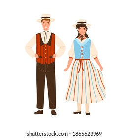 Swiss couple wearing traditional striped costumes. Man in national folk waistcoat and hat. Woman in dress with corset. Flat vector illustration of people from Switzerland isolated on white