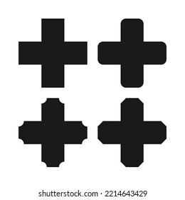 Swiss cross corner cut icon set. A group of four symbols made from arms of equal length with various cut corners. Isolated on a white background.