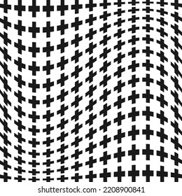 Swiss cross shapes wavy halftone pattern. An arrangement of black symbols distorted with a wave. Isolated on a white background.