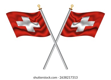 Swiss crossed flags, isolated background, vector illustration. Two crossed national flags of Switzerland.	
