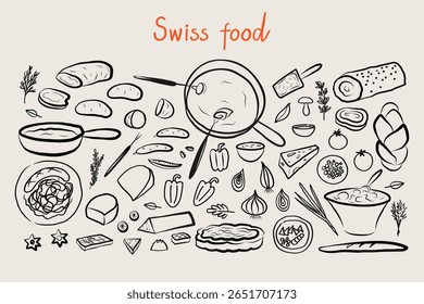 Swiss Cuisine doodle sketch with Raclette, cheese, vegetable, greenery, potatoes, chocolate, Elplermagronen, fondue, beef, dessert. Banner with traditional food Vector illustration isolated background