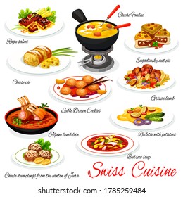 Swiss cuisine food dishes, traditional meals menu, vector Switzerland restaurant dinner and lunch. Swiss cheese fondue, ragu slami and Engadinsky nut pie, sable Breton cookies and Gritzon lamb