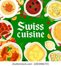 Swiss Cuisine Menu Cover. Potato With Melted Cheese, Beef Rolls And Cheese Soup, Chicken Baked In Pastry, Barley Soup And Chocolate Mousse Dessert, Roast Duck With Oranges, Coffee Drink Beverage