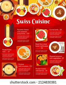 Swiss cuisine menu food dishes, lunch and dinner meals, vector. Swiss cuisine restaurant food raclette cheese with potatoes and pickles, fondue with croutons, cured lamb and basler mehlsuppe