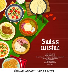 Swiss cuisine restaurant dishes menu cover. Cheese fondue, schnitzel and saffron risotto, Minestrone soup, Raclette with potatoes and pickled cucumbers, ravioli, Fritter Rosti and sausages vector