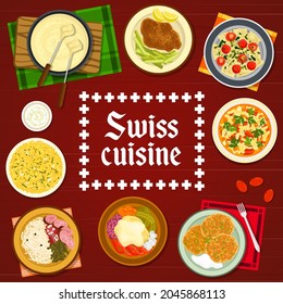 Swiss cuisine restaurant meals and dishes menu cover. Schnitzel, Minestrone soup and potato Fritter Rosti, risotto, sausages and ravioli, Raclette with potatoes and cucumbers, cheese fondue vector