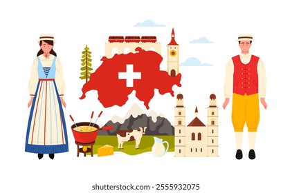 Swiss culture elements and attractions, travel to Switzerland infographic collage. Swiss man woman in traditional costumes and ancient architecture landmarks, cow in Alps cartoon vector illustration