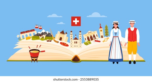 Swiss culture elements, national emblems of Switzerland in infographic collage. Open guide book and people in traditional dress, architecture and nature landmarks, food cartoon vector illustration