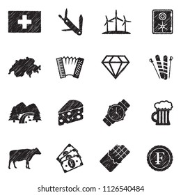 Swiss Culture Icons. Black Scribble Design. Vector Illustration.