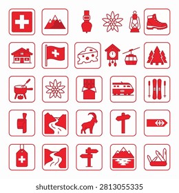 Swiss culture vector icon set displays a comprehensive collection of flat red symbols representing iconic national elements including mountains and cheese alongside traditional chocolate and alpine travel motifs arranged in a clean grid format that effectively captures the essence of tourism and heritage within this classic minimalist graphic design style.