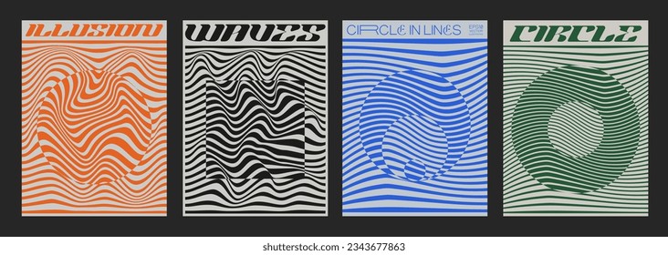 Swiss Design Posters. Set Of Geometric Optical Illusion Art Patterns. Cool Abstract Striped Textures Vector Illustration. Acid Style Background.