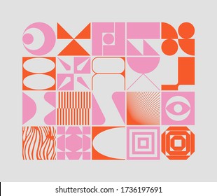 Swiss design style abstract poster layout with geometric graphics and bold elements. Modern geometry composition artwork with simple vector shapes. Useful for poster design, web presentation, etc.