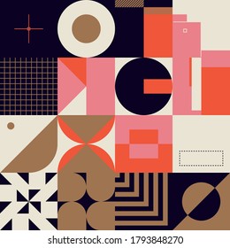 Swiss design style abstract poster layout with geometric graphics and bold elements. Modern geometry composition artwork with simple vector shapes. Useful for poster design, web presentation, etc.