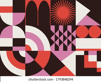 Swiss design style abstract poster layout with geometric graphics and bold elements. Modern geometry composition artwork with simple vector shapes. Useful for poster design, web presentation, etc.