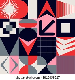 Swiss design style abstract poster layout with geometric graphics and bold elements. Modern geometry composition artwork with simple vector shapes. Useful for poster design, web presentation, etc.