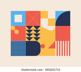 Swiss design style abstract poster layout with geometric graphics and bold elements. Modern geometry composition artwork with simple vector shapes. Useful for poster design, web presentation, etc.